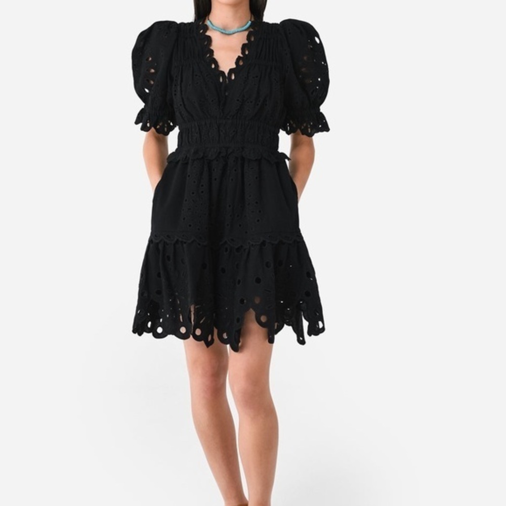 Sea New York Addie Eyelet Puff Sleeve V- Neck Dress, Black, size S NWT